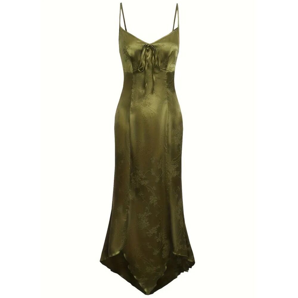 Sexy Olive Green Satin Tie Front Hi-Low Cami Slip Dress XL Coquette Cocktail Y2k